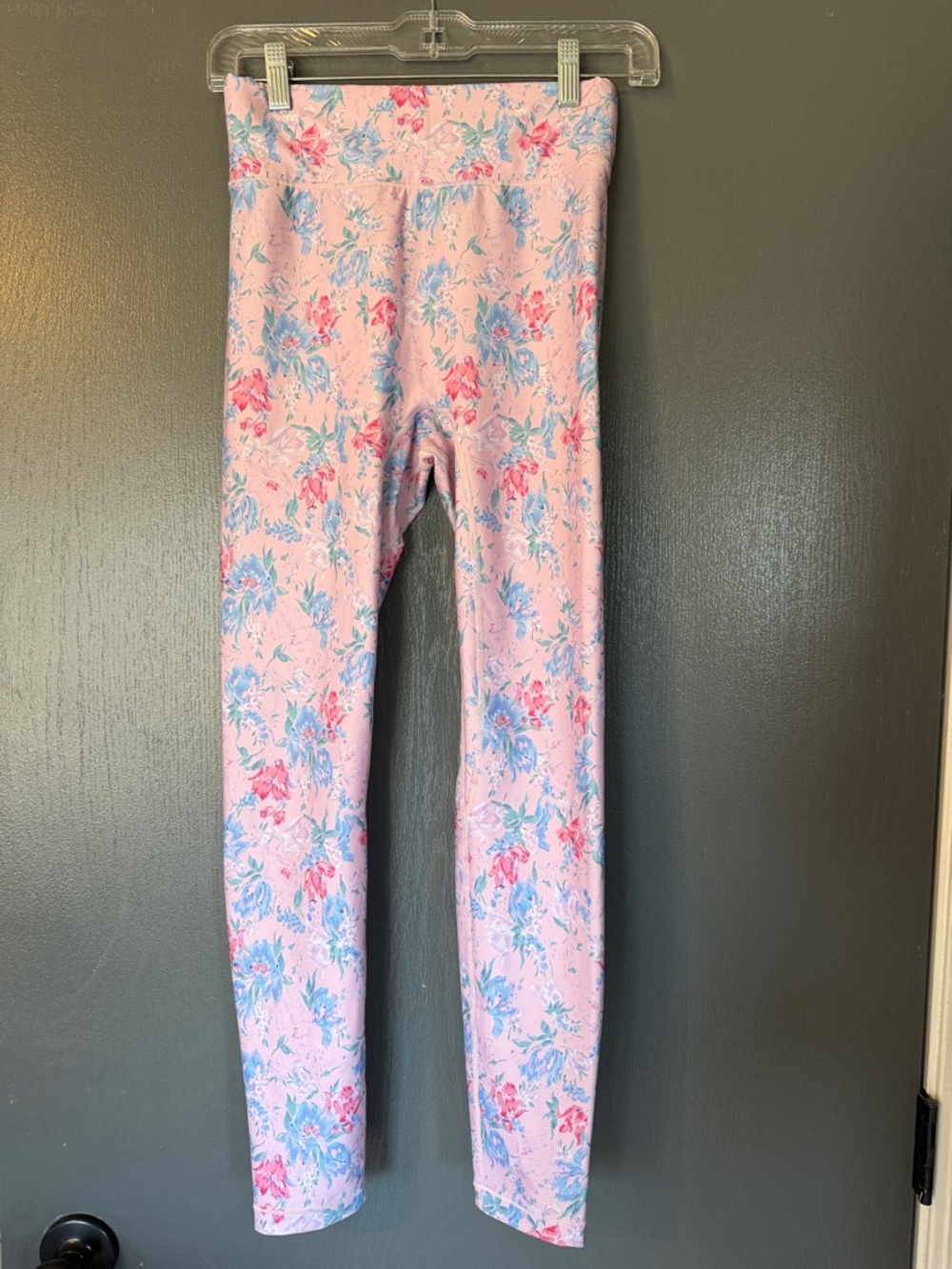 LoveShackFancy Pink Floral Women's Leggings with Blue and Red Flowers